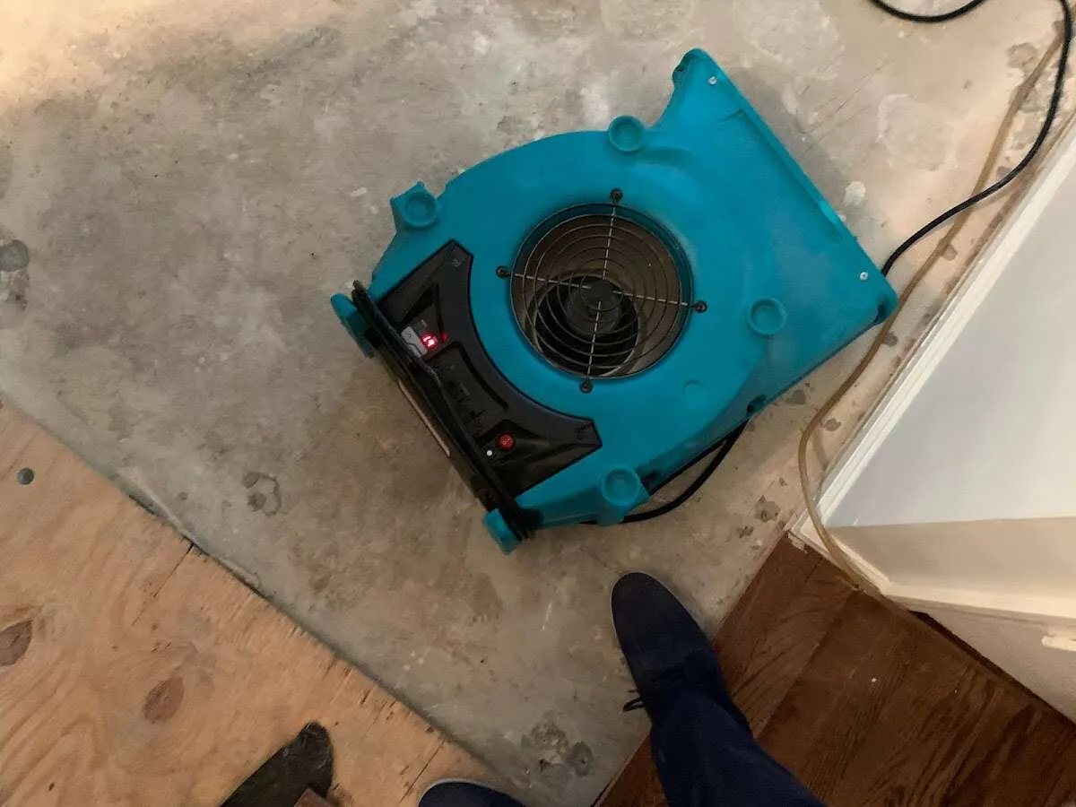 Air mover drying subfloor during Commercial Water Damage Restoration in Spartanburg